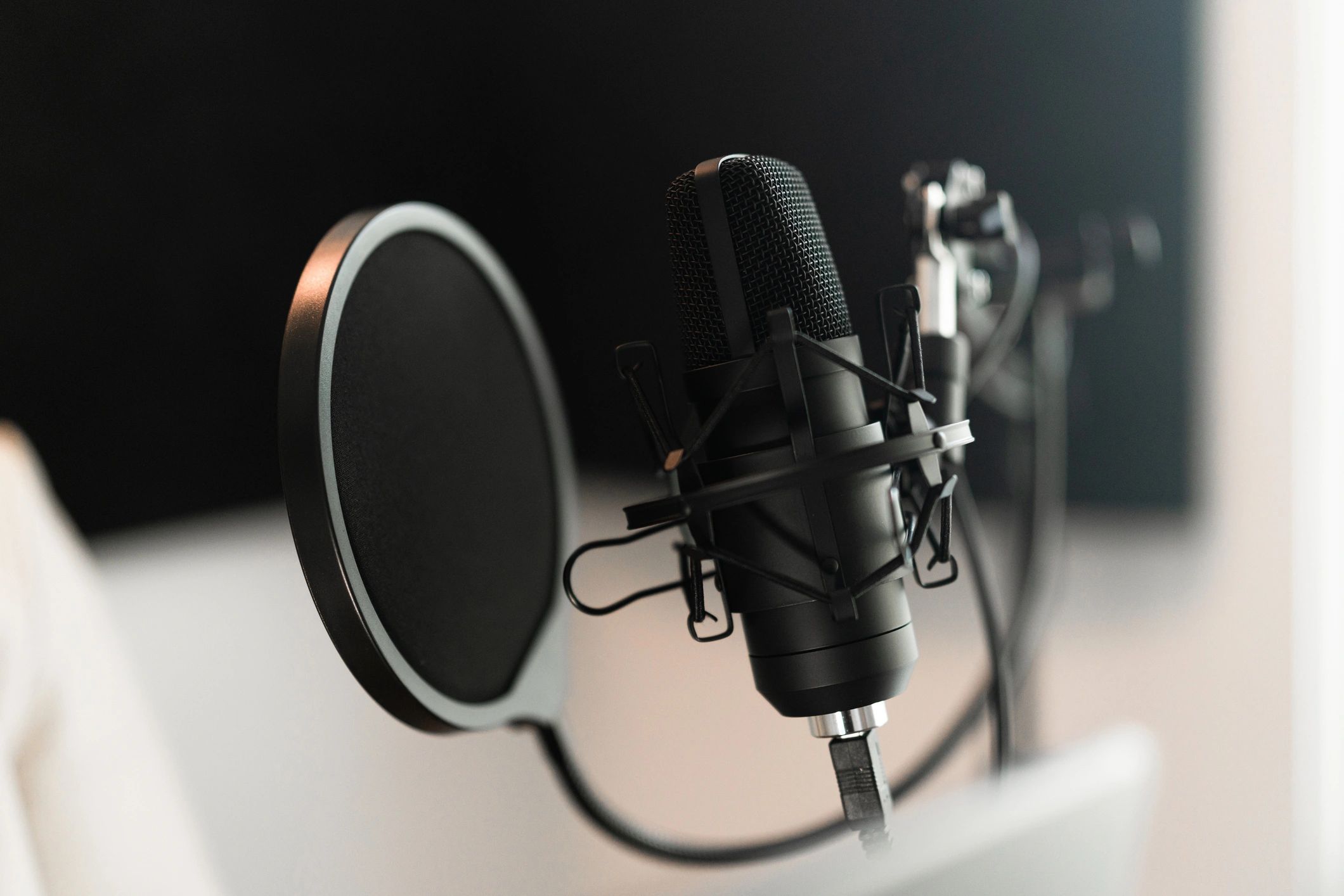 Microphone in a podcast studio.