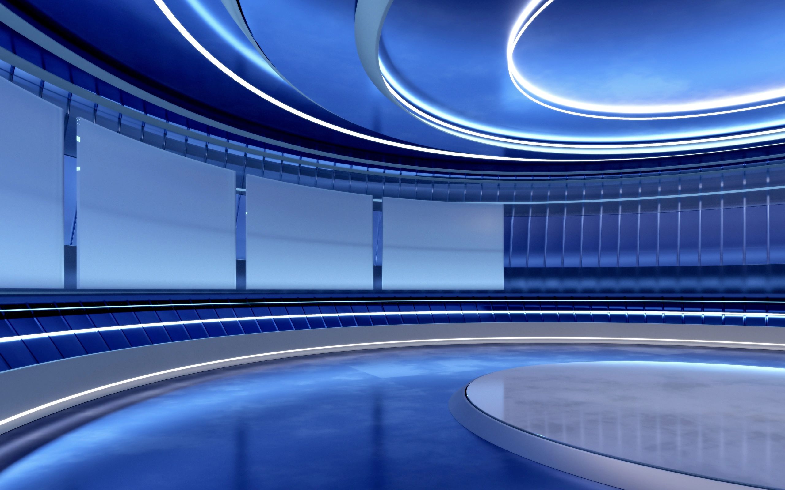 Empty television studio set with blue lighting