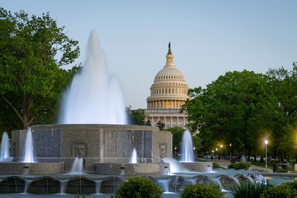 Capitol Dome and Fountain at Dusk